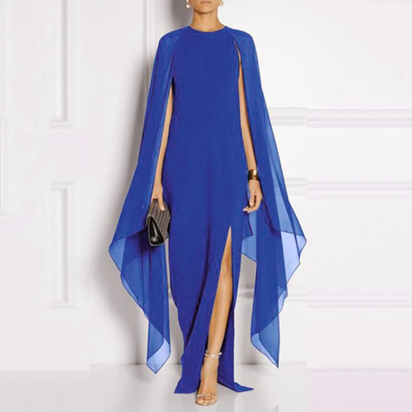 Elegant Summer Maxi Chiffon Cape Sexy Long High Slit Irregular Batwing Sleeve Vestidos Dress