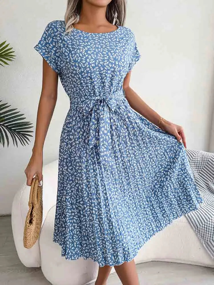 Fashion Floral A Line Short Sleeve High Waist Chic Midi Dresses