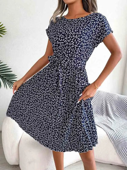 Fashion Floral A Line Short Sleeve High Waist Chic Midi Dresses