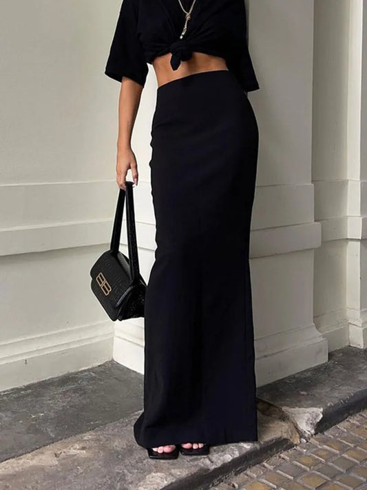 Black High Waist Seamless Elegant Summer 2024 Maxi Skirt