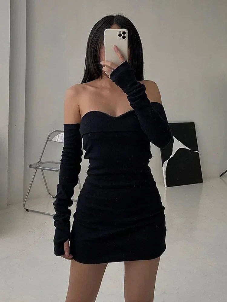 Off Shoulder Sexy Autumn Long Basic Black Slash Neck Clothes Midi Dresses