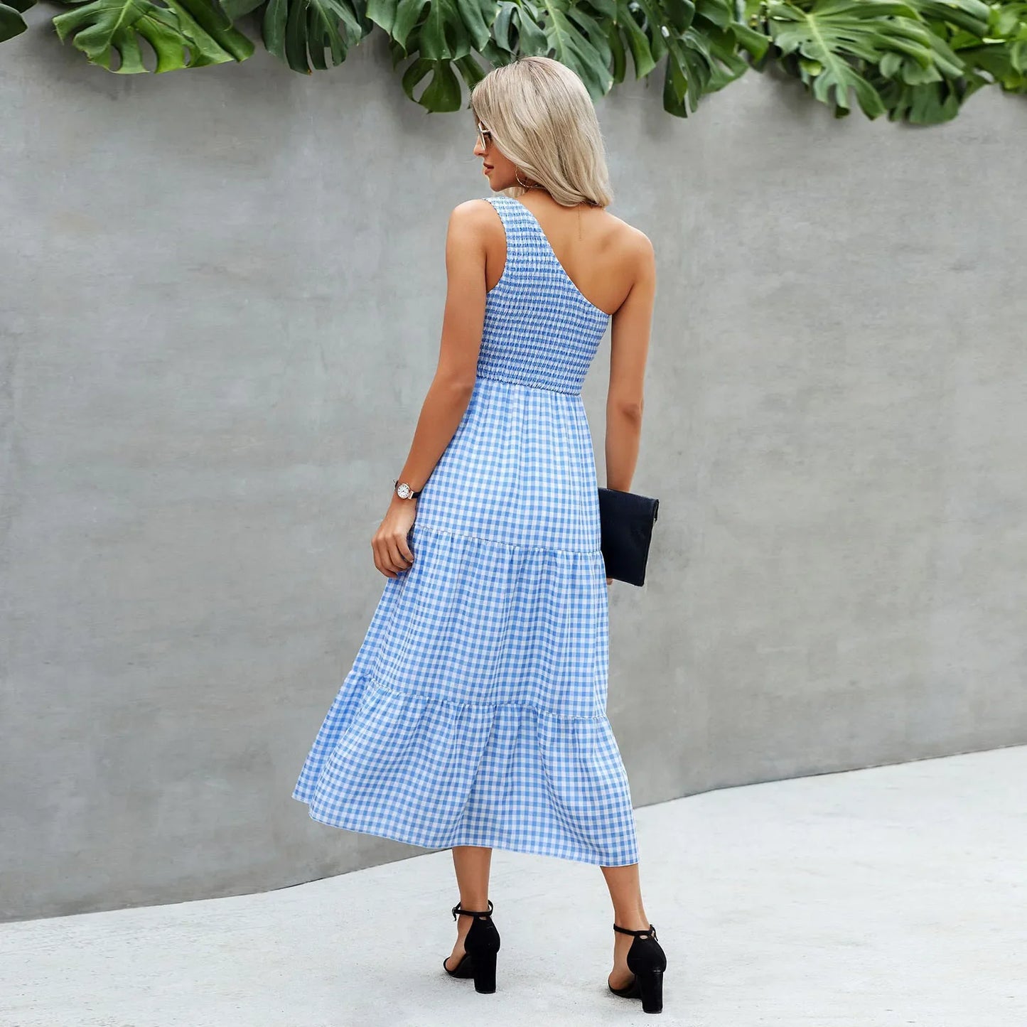 Fashionable One Shoulder Sleeveless Gingham Print 2024 Summer Casual Loose Holiday Elegant Woman Party Dress