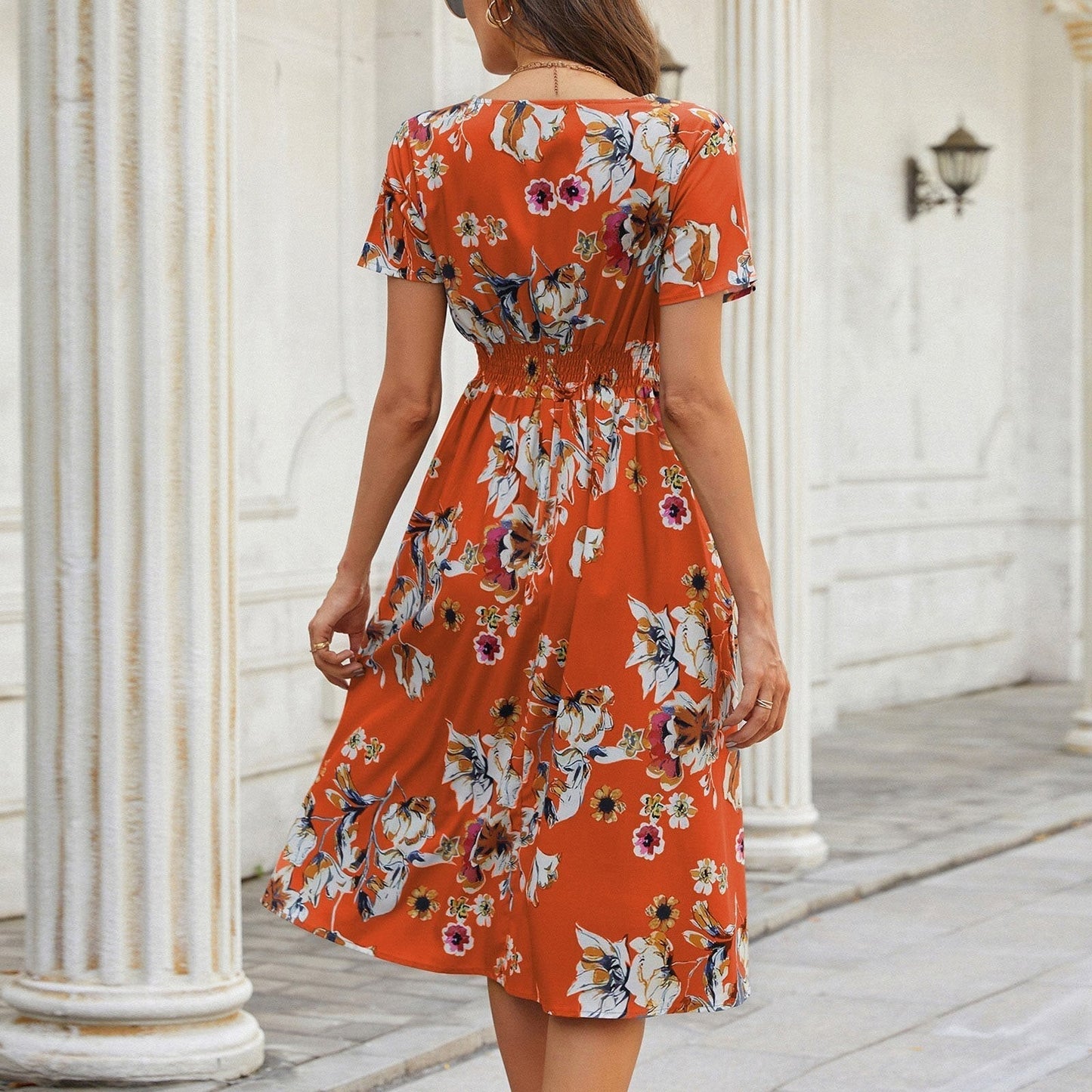 Floral Printed V-neck Midi Dress