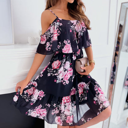 Women Summer Dress Floral Ruffled Off Shoulder?Casual Dress