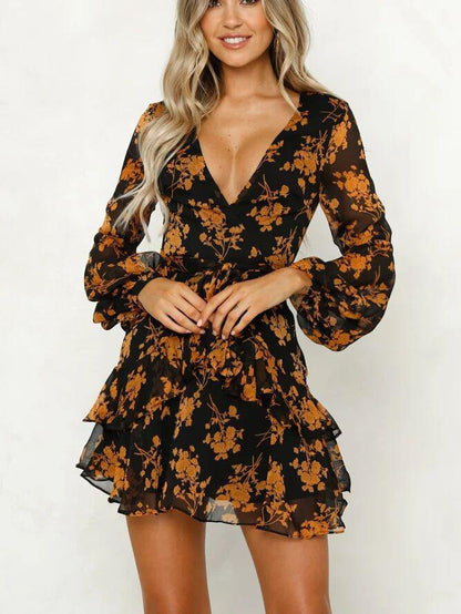 Floral Printed Surplice Neck Ruffled Mini Dress