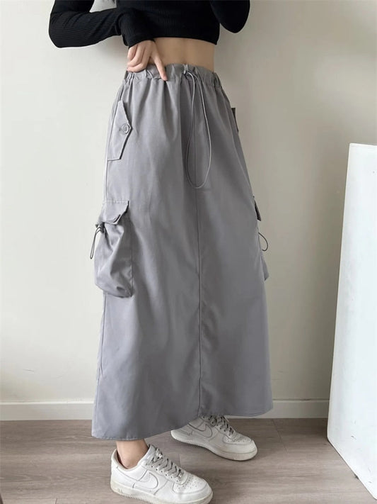 High Waist Black Cargo A-Line Midi Skirt