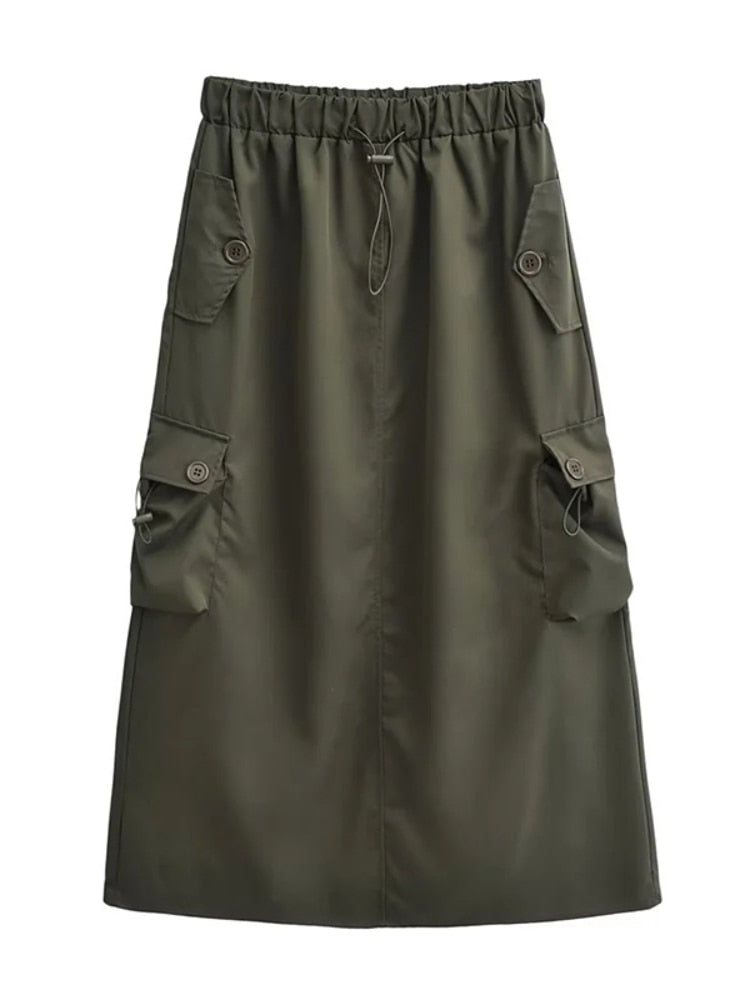 High Waist Black Cargo A-Line Midi Skirt