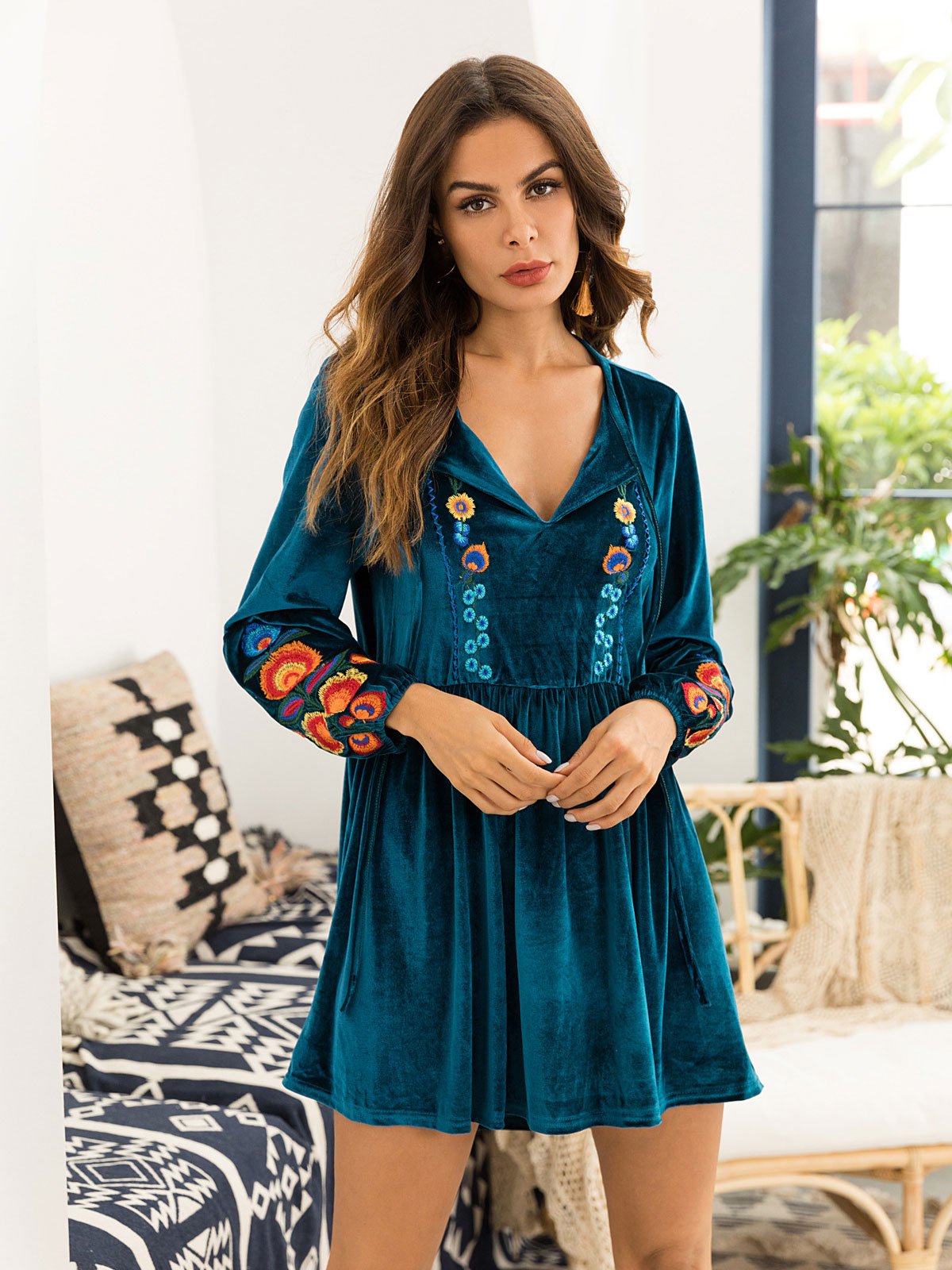 Goin' On A Date Floral Embroidered Velvet Dress