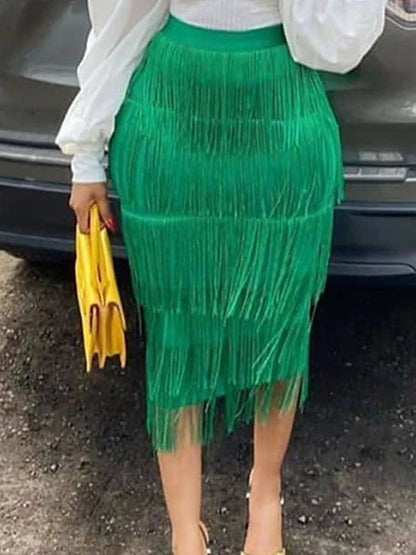 Green Fringe Bodycon High Waist Midi Skirt