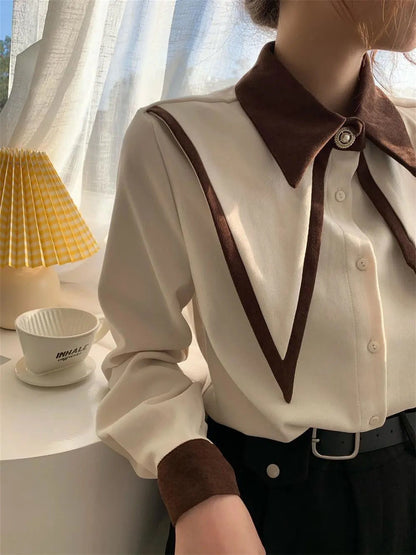 Sharp Ruffle Turn Down Collar Blouse Women Tops Korean Fashion Clothing