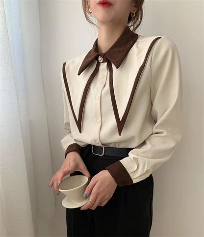 Sharp Ruffle Turn Down Collar Blouse Women Tops Korean Fashion Clothing