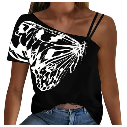 Butterfly Print One-Shoulder Tee