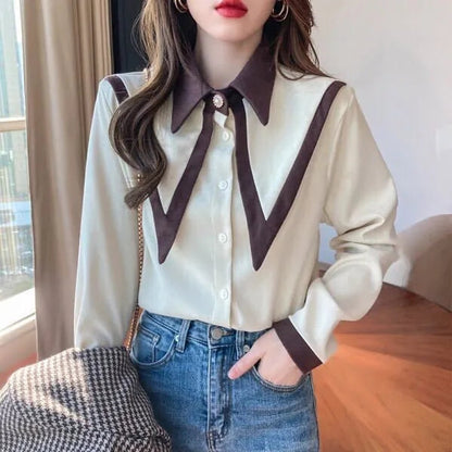 Sharp Ruffle Turn Down Collar Blouse Women Tops Korean Fashion Clothing