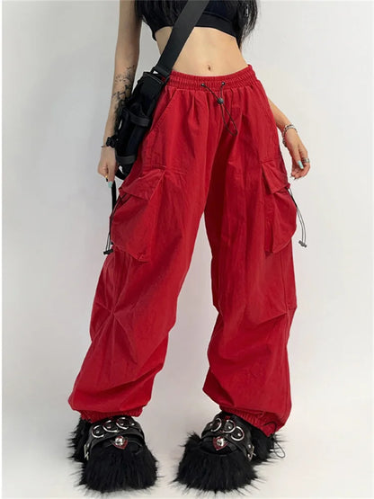 Cyber Y2K Red Parachute Hip Hop Cargo Oversized Punk Wide Leg Pant