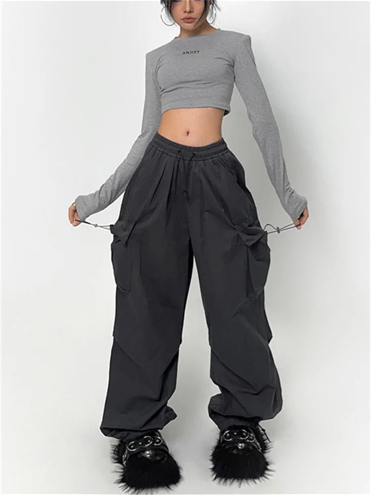 Cyber Y2K Red Parachute Hip Hop Cargo Oversized Punk Wide Leg Pant