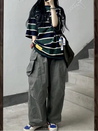 Gray Cargo Women Harajuku Grunge Baggy Japanese Style Oversize Wide Leg Pant