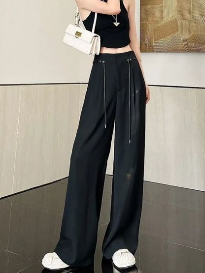 Harajuku Office Lady Basic Grey Wide Leg High Waist Chic Fashion Pant