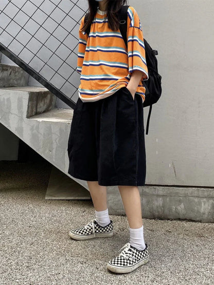 Harajuku Oversize Khaki Cargo Shorts Japanese Style Streetwear Wide Leg Black Pant