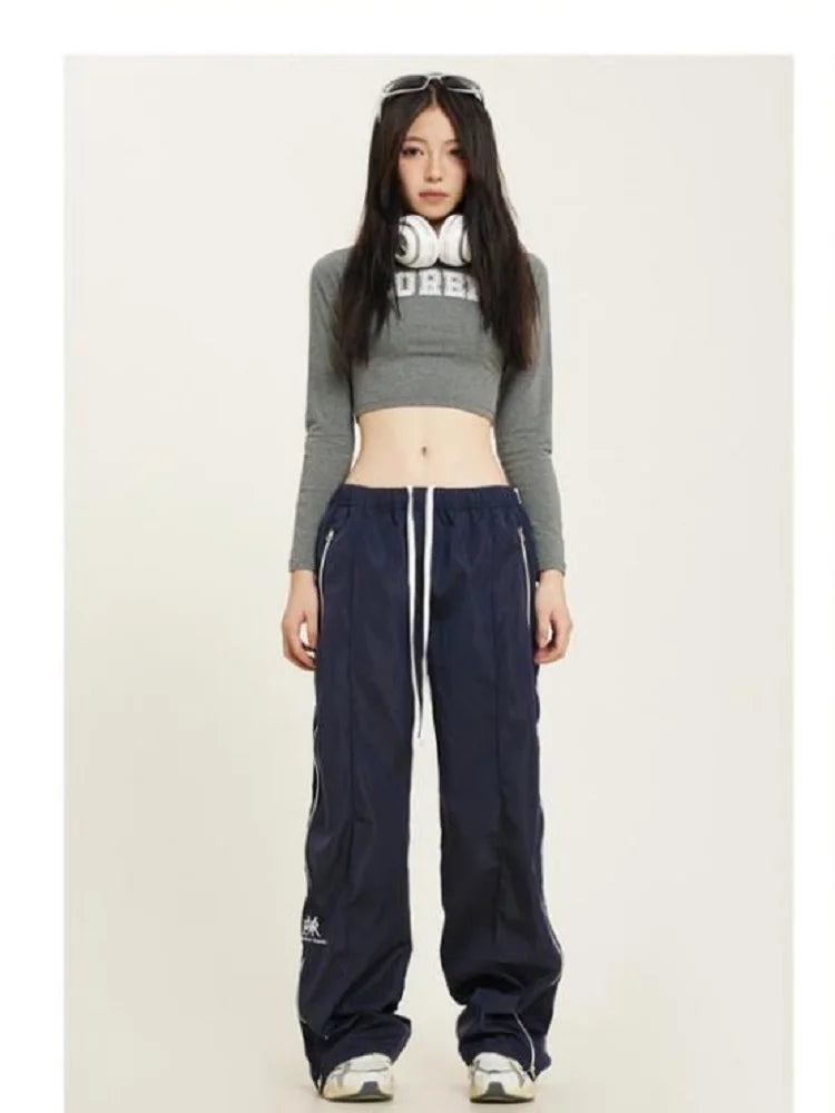 Hip Hop Striped Oversize Zipper Wide Leg Jogger Sports Female Kpop Pant