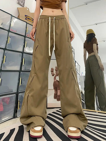 Hippie Khaki Baggy Drawstring Wide Leg Sports Oversized Jogging Pant