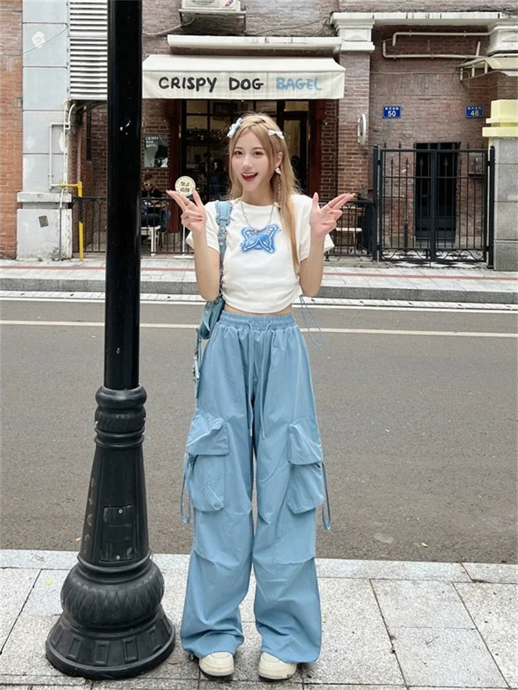 Korean Style Blue Cargo Y2K Streetwear Retro Parachute Oversize Pant