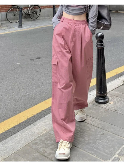 Kpop Y2K Pink Cargo Korean Streetwear Oversized Wide Leg Pant