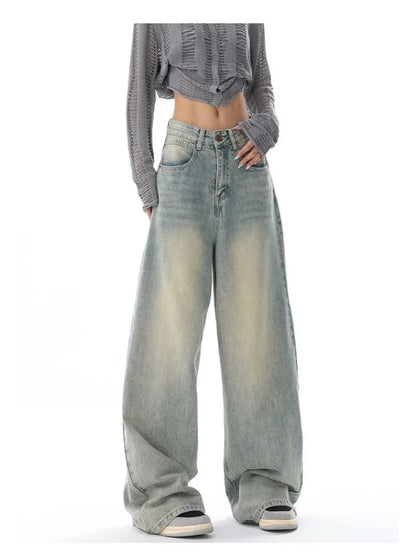 Retro Distressed Blue Baggy Women Y2k Grunge Wide Leg Denim Pant