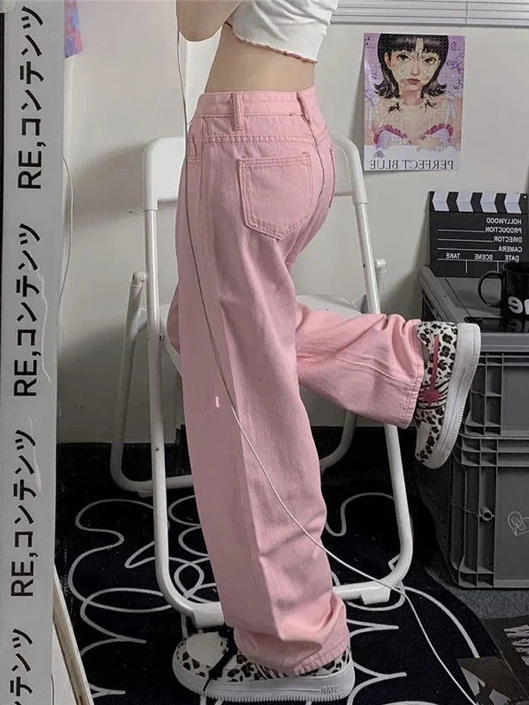 Pink Low Rise Wide Leg Denim Women Y2K Kawaii Fashion Pant