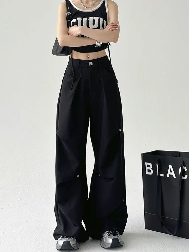 Y2K Cyber Punk Cargo Parachute Hippie Korean Style Black Baggy Wide Pant