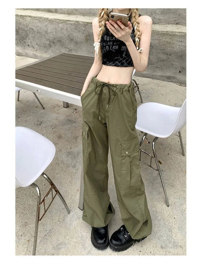 Y2K Kpop Black Cargo Harajuku Streetwear Drawstring Pockets Green Wide Pant