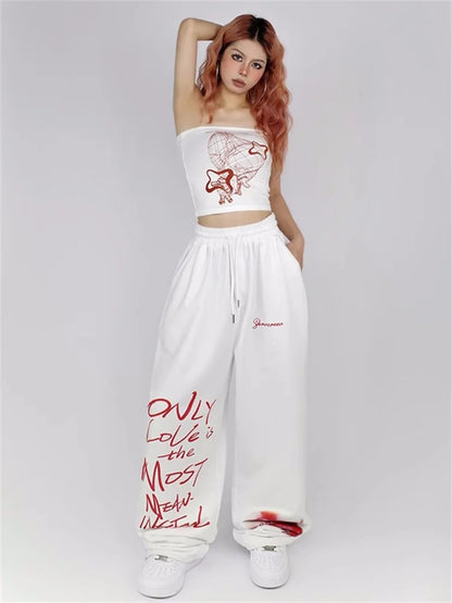 Y2K Streetwear White Sweatpants Letter Print Black Track Oversize Harajuku Joggers Pant