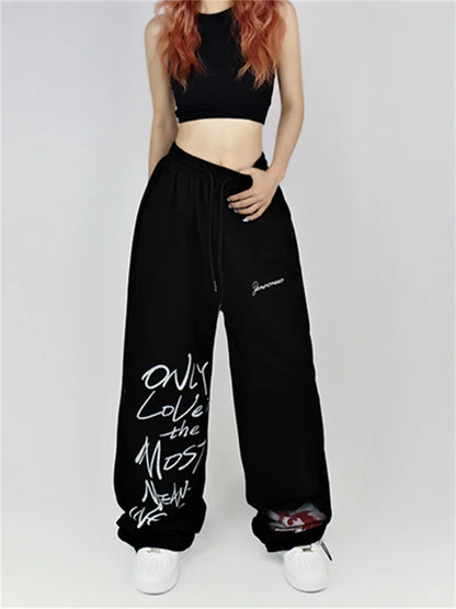 Y2K Streetwear White Sweatpants Letter Print Black Track Oversize Harajuku Joggers Pant