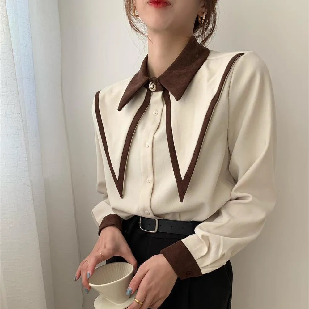 Sharp Ruffle Turn Down Collar Blouse Women Tops Korean Fashion Clothing