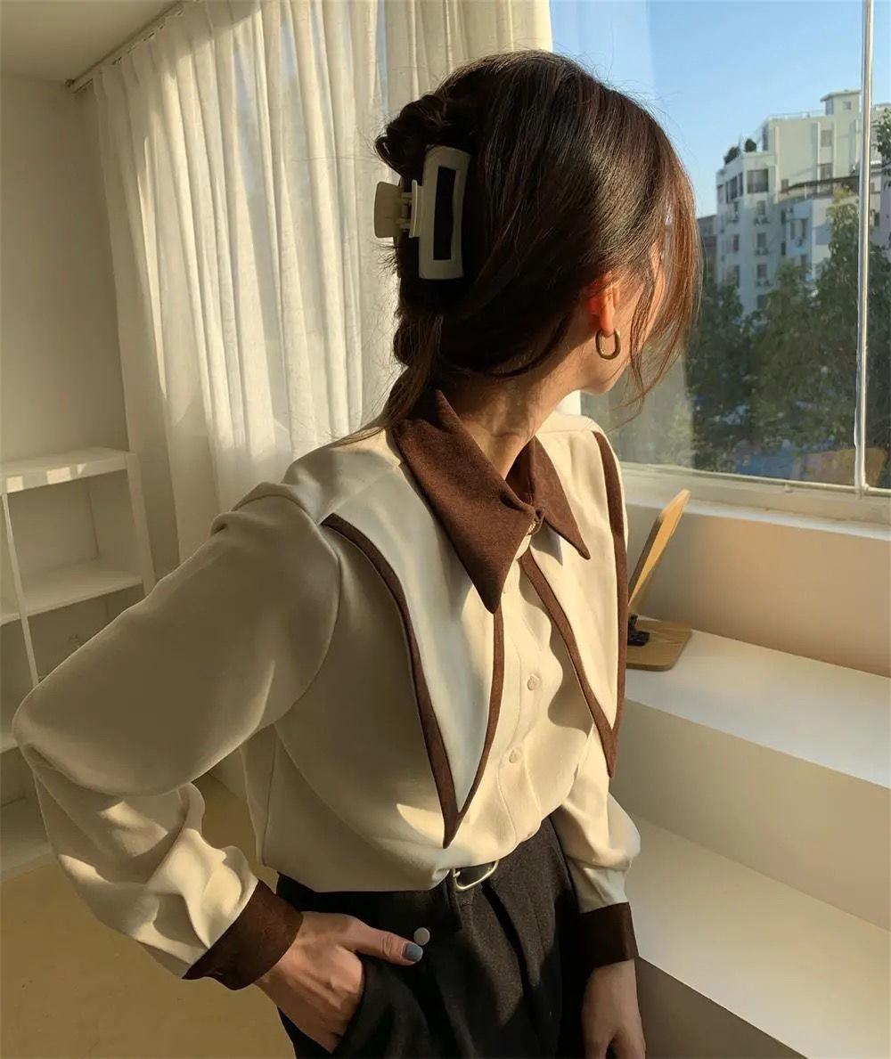 Sharp Ruffle Turn Down Collar Blouse Women Tops Korean Fashion Clothing