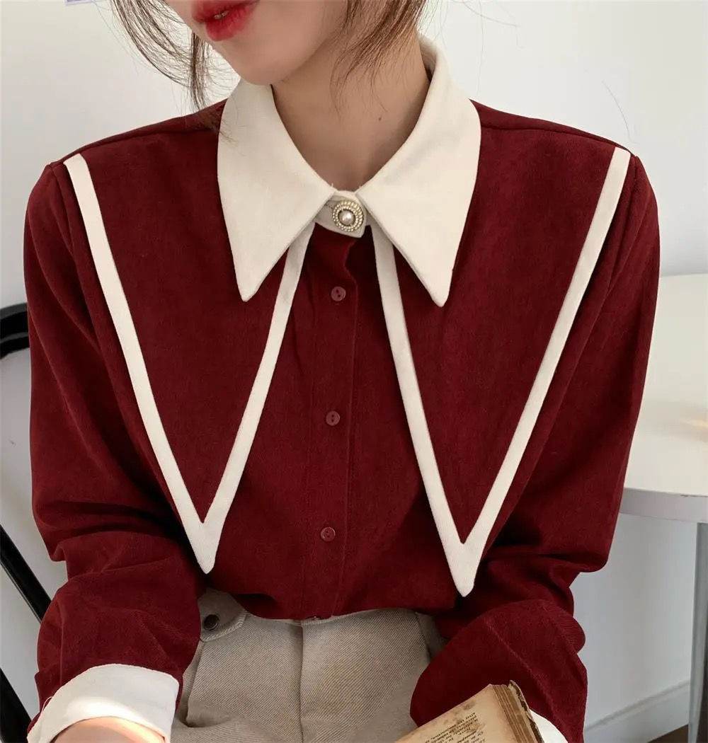 Sharp Ruffle Turn Down Collar Blouse Women Tops Korean Fashion Clothing