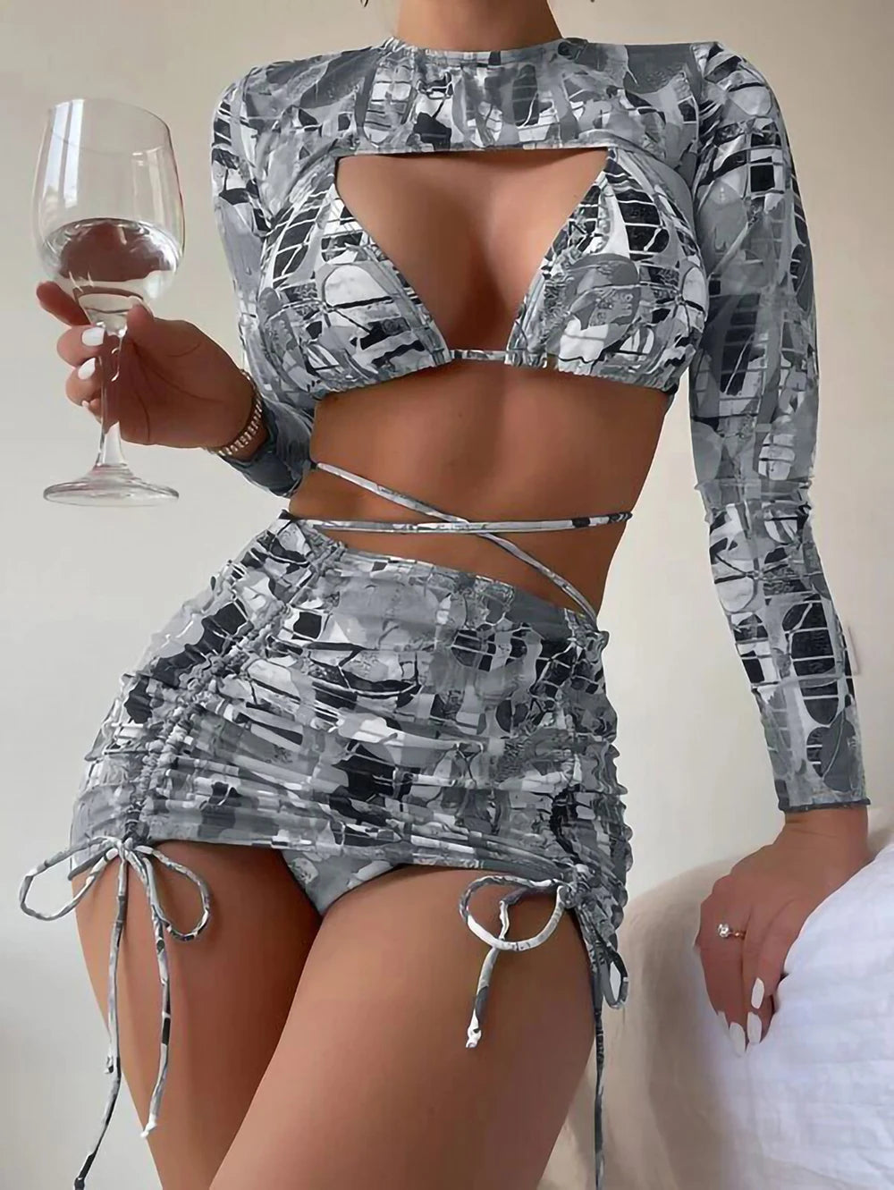 High Waist Drawstring Print Bikini Set Basic Swimsuit