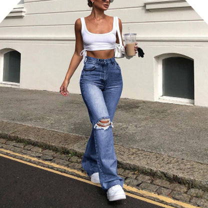 Women High Waist Ripped Fashion Loose Straight Leg Jeans