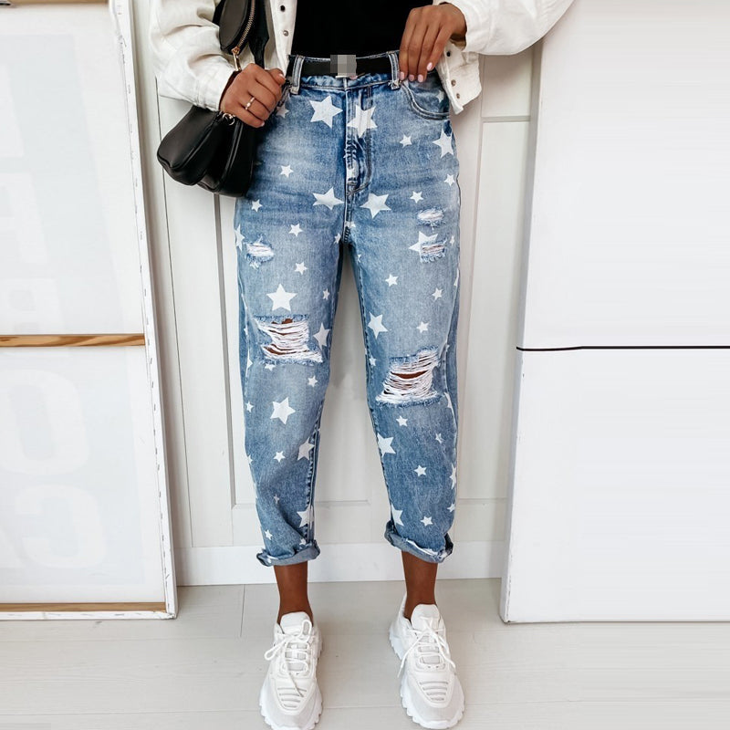 Women's High Waist Jeans Fashion Printed Washed Blue Pants