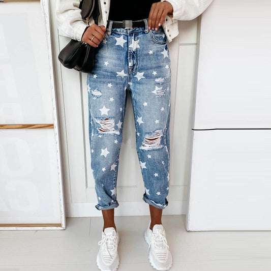 Women's High Waist Jeans Fashion Printed Washed Blue Pants