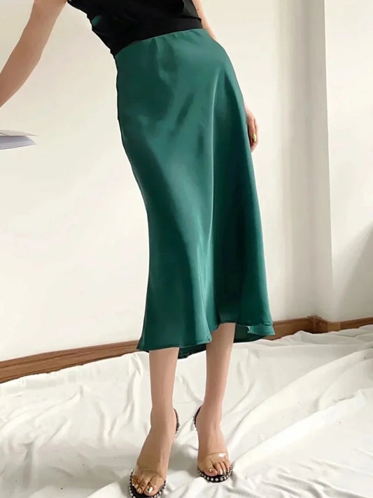 Hot Sale Solid Satin Elastic Waist A-Line Summer Skirts