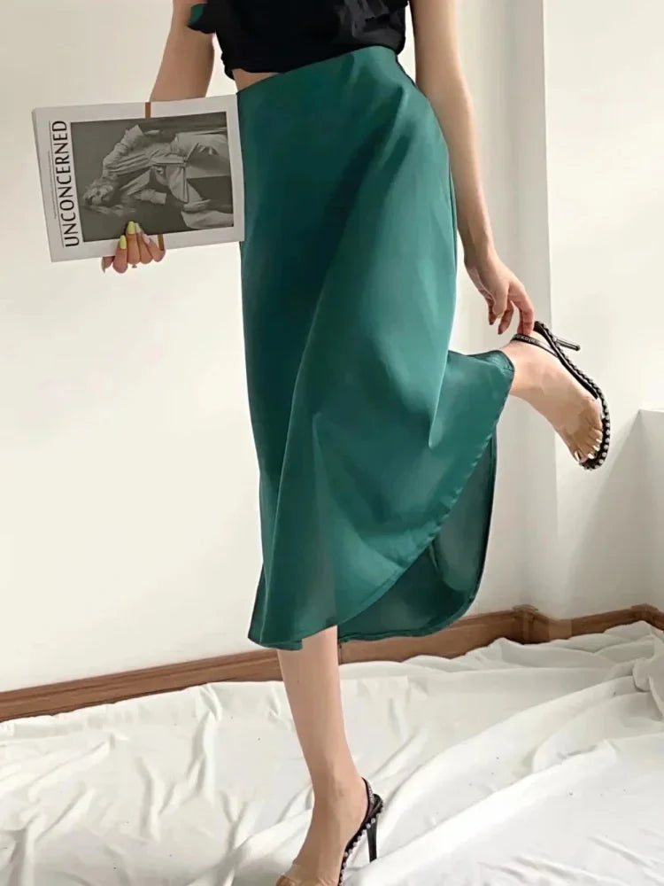 Hot Sale Solid Satin Elastic Waist A-Line Summer Skirts