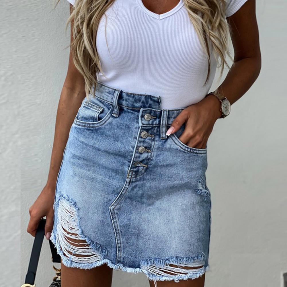 Women High Waist Denim Pocket Hole Button Retro Short Jeans Skirt