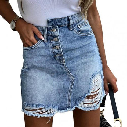 Women High Waist Denim Pocket Hole Button Retro Short Jeans Skirt