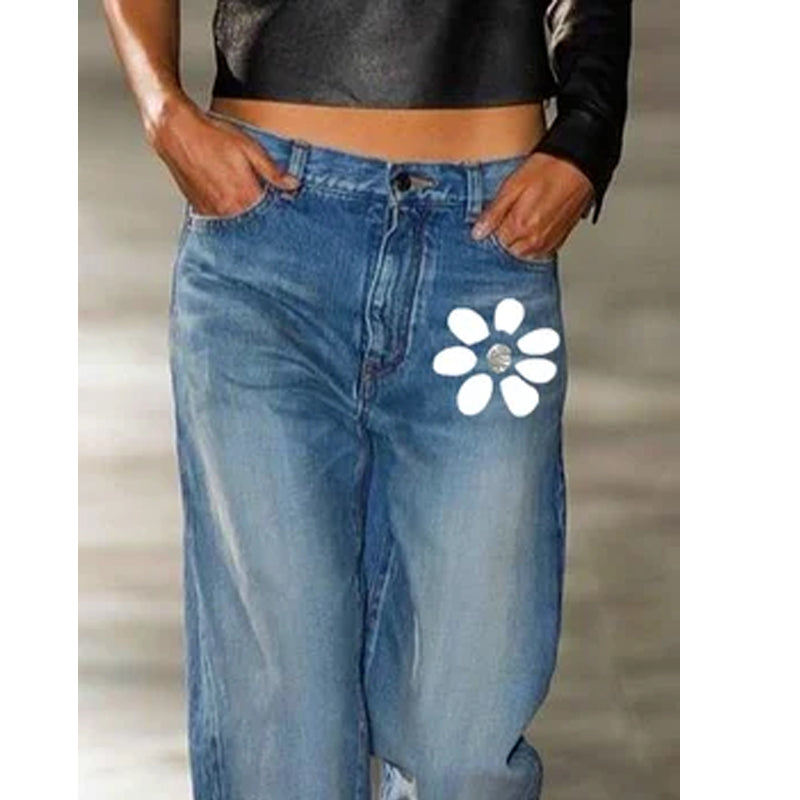 Women Straight Pants Print Loose Pants High Waist Denim Trousers