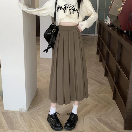 Preppy Style Back Elastic Pleated Long Skirt