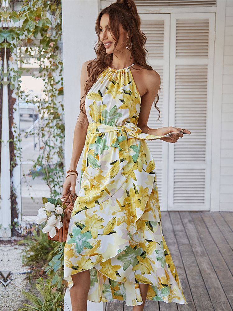 2024Sleeveless Floral Print Bohemian Long Party Beach Dress