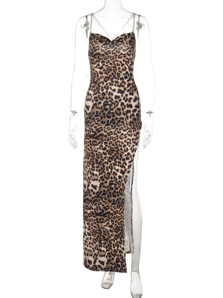 Leopard Chain Strap Side Slit Backless Sexy Festival Elegant Midi Dresses