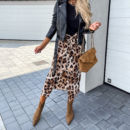 Women Front Knot Leopard Print High Waist Split Slim Skirt