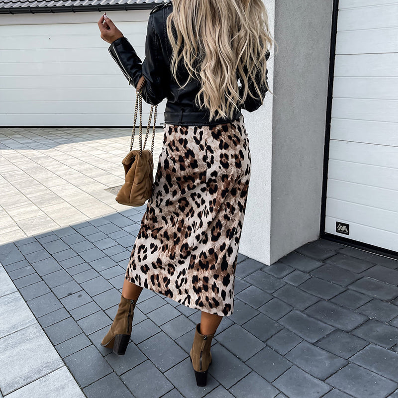 Women Front Knot Leopard Print High Waist Split Slim Skirt