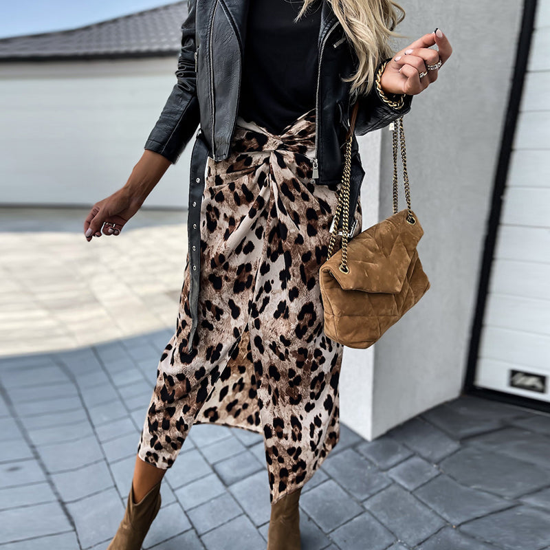 Women Front Knot Leopard Print High Waist Split Slim Skirt